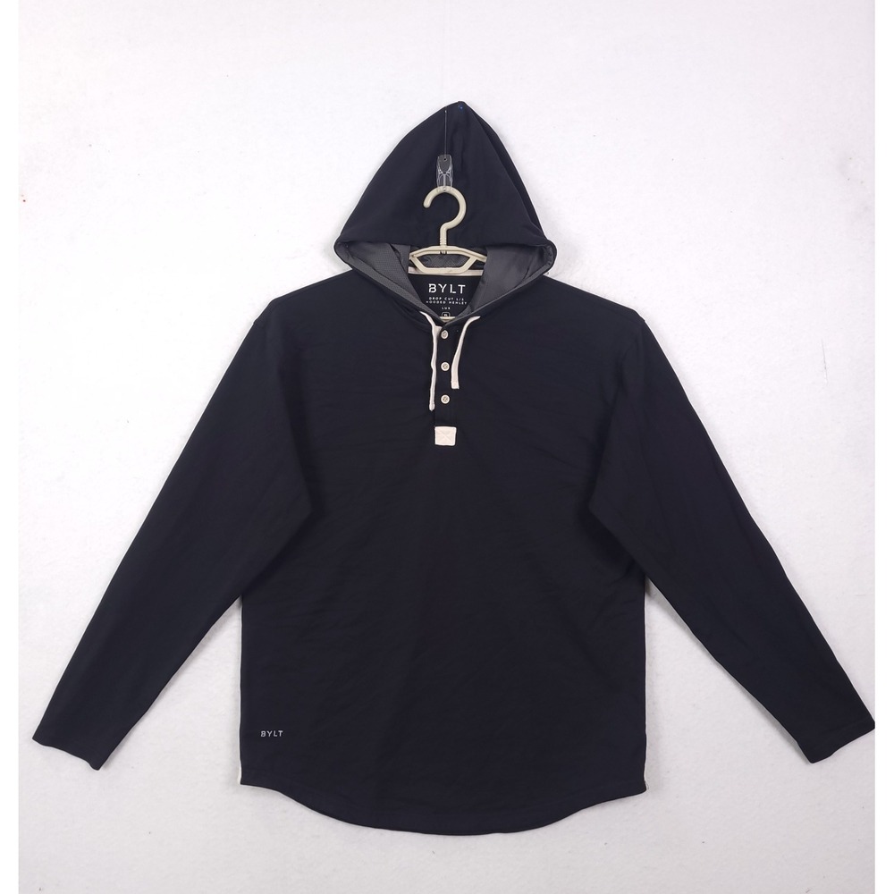 BYLT Drop Cut Lux Hooded Henley Mens XL Black Casual Preppy Sportwear Travel